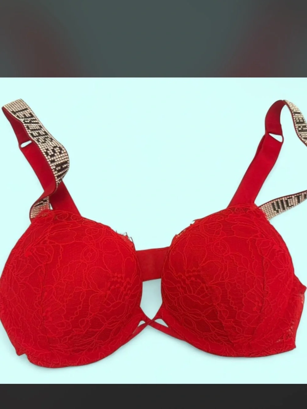 Victoria's Secret Red Lace Push-Up Bra with Embellished Logo Straps